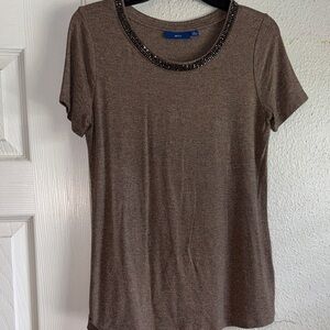 Apt. 9 Brown Short Sleeve Top with Beaded Crew Neck